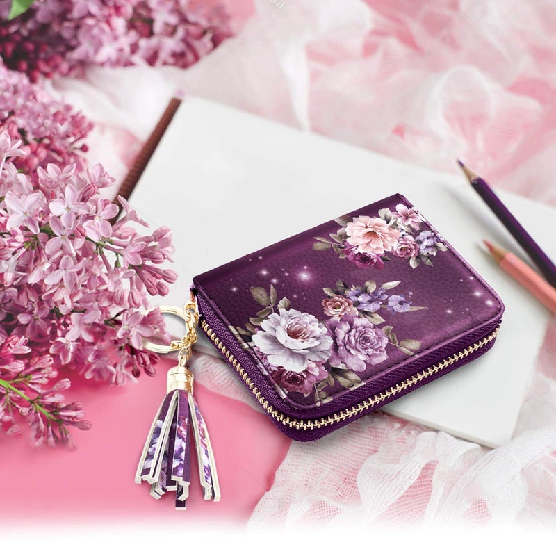 Coco Rossi Women's Small Credit Card Wallet RFID Cute Flower Card Holder for Women, Purple Flower - Image 5